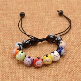 Whole-Handmade Creamic Beads Charm Fortune Money Cat Red String Lucky Bracelet Adjustable297G
