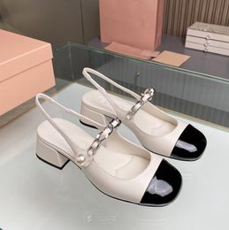 Designer Pearl Chain women sandals Classic Girl thick heel Pearl Lady Party beach sandals High-heeled sandals with box Mary Jane shoes