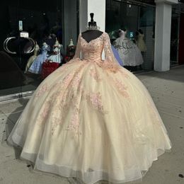 Mexico Champagne Sexy V-Neck Ball Gown Quinceanera Dress For Girl Applique Lace Beaded Birthday Party Gowns Prom Dresses Sweet 16