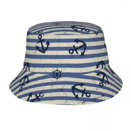 Berets Women Bucket Hat Anchor And Navy Blue Stripes Summer Beach Vacation Getaway Headwear UV Protection Fishing Caps Bob