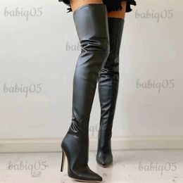 Boots Plus Size 34-46 Women Boots Sexy Thigh High Boots Stretch PU Leather Over-the-knee Heeled Boots Black Red Autumn Winter Shoes T231025