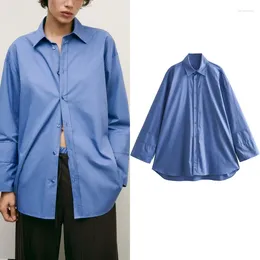 Women's Blouses Blue Oversized Trench Coat Shirt For Women Casual Lapel Long Sleeves Tops Minimalist Dropped Shoulders Front Button