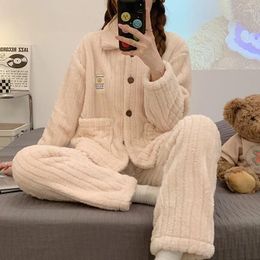 Women's Sleepwear Winter Lapel Cardigan Home Suit For Women Coral Fleece Soft Pajamas Girls Simple Solid Color Sets 2 Pieces