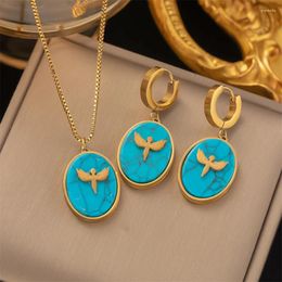 Necklace Earrings Set 316L Stainless Steel Peace Geometry Brilliant Imitate Turquoise Oval Pendant Earring Fashion High Jewellery Party