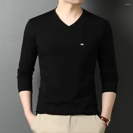 Men's T Shirts Top Quality 95% Cotton 5% Spandex V Neck Long Sleeve Shirt Men Black Casual Clothes 2023