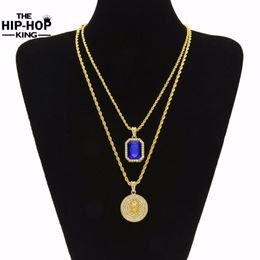 Whole-Micro Ruby Red & Jesus Face Pendant Chain Necklace Set for Men High Quality Zinc Alloy Iced Out Hip Hop Jewelry New Arri278m