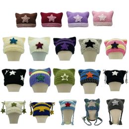 Beanie Skull Caps Cycling Masks Knitted Beanie Hat for Women Harajuku Style Cat Ear Handmade Crochet Fashion Y2K Star Winter Warm Headwear 231025