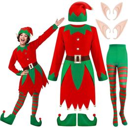 Cosplay Women Christmas Elf Girl Costumes Long Sleeve Dress And Belt Hat Shoes Striped Stockings Party Role Playing Cosplay Dropshipping