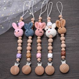 Pacifier Holders Clips# Baby Beech Handmade Teether Chain Cartoon Rabbit Wood Clips Nipple Clip Teething Chew Toys 231025