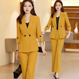 Women's Two Piece Pants Yellow Suit Fashion High Sense Temperament Style Business Clothing Bell-Bottom Two-Piece Summer