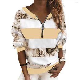 Women's Blouses Stylish Long Sleeve Windproof Pullover Sweatshirt Autumn Floral Striped Digital Printing Zipper Collar Jumper