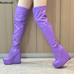 Ronticool Women Winter Platform Over The Knee Boots Side Zipper Wedges Heels Round Toe Gorgeous Violet Club Shoes US Size 5-20