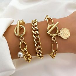 Charm Bracelets KISSWIFE Golden Cuban Link Chain On the Hand Exaggerated Thick Coin Pendant Bracelet for Women Fashion Jewelry 231025