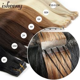 Hair Bulks isheeny 16" 20" Twin Tab Weft Extensions Machine Pull Through Hole Tape 10pcs pack 100 Natural For Women 231024