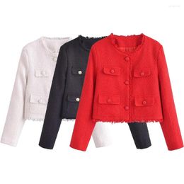 Women's Suits Autumn And Winter 2023 Fashion Casual Tri Color Coarse Wool Edge Decoration Jacket Vintage Long Sleeve Pocket Coat