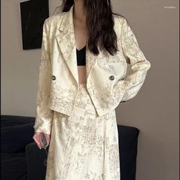 Women's Suits Chinese Style Floral Cropped Blazers Women 2023 Autumn High-end Short Suit Jacket Loose Commuter Apricot Coats Grey Clothing