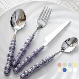 Dinnerware Sets 4Pcs Pearl Cutlery Stainless Steel Flatware Pearl-style Handles Ins-style Household Steak Western Style Knife Fork And Spoon