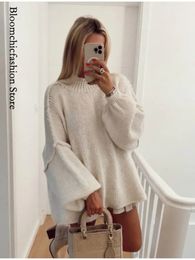 Women s Knits Tees Solid Knit Ribbed O neck Loose Women Pullover Lantern Sleeve Drop Shoulder Oversized Sweater 2023 Autumn Chic Casual Streetwears 231025