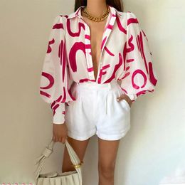 Women's Blouses Autumn Elegant Buttoned Shirts 2023 Sexy Women Lantern Puff Sleeve Lapel Tops Fashion Commute Deep V Neck Printed Blusas