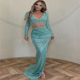 Shinny Green Sequin Two Pieces Prom Dress With Slit Glitter Sparkly Mermaid Beaded Evening Dress Elegant Glitz And Glam Party Women Vestidos De Fiesta Gala 2024