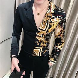 Luxury Black Gold Shirt 2020 Spring Baroque Men Shirt Long Sleeve Patchwork Casual Male Slim Fit Print Party Club2610