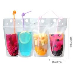 Clear Drink Pouches Bags frosted Zipper Stand-up Plastic Drinking Bag with straw with holder Reclosable Heat-Proof Fashion