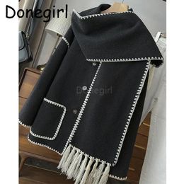 Women's Wool Blends Donegirl 2024Autumn Winter Women Fashion Woollen Coat Tassel Scarf Vintage Solid Simple Temperament Tops Overcoat Female Chic 231024