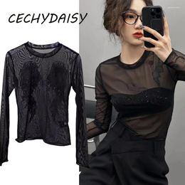 Women's T Shirts Sexy See Through Mesh T-Shirts Women O-Neck Long Sleeve Rhinestone Bling Letters Casual Tee Shirt Tops In Clothes