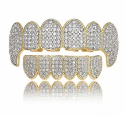 Gold Shiny ICED OUT Teeth Grillz Rhinestone Top&Bottom Grills Set Hip Hop Jewelry246k