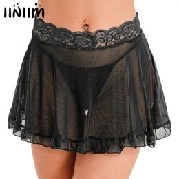 Sexy Skirt Womens Lace Waistband See-through Mesh Frilly Skirt Cover Ups Beachwear Solid Color High Waist Miniskirt with G-string 231025