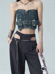 Women's Tanks Women's Retro Denim Irregular Cropped Top Women 2023 Summer Fashion Designer Streetwear Y2K Jeans Zip-Up Strapless Tank