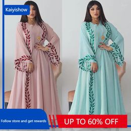 Ethnic Clothing Abaya Dress Muslim Fashion Women Long Sleeve V-neck Polyester Pink Light Green Elegant Dresses With Headscarf