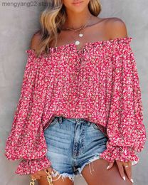 Women's Blouses Shirts Fashion Pink Ditsy Floral Print Off Shoulder Lantern Sleeve Top Tied Detail Daily Summer Women's Blouse Tops Mujer T231025