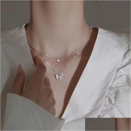Pendant Necklaces Sier Shiny Butterfly Necklaces Ladies Exquisite Double Layer Clavicle Chain Necklace Drop Delivery Dhgarden Ot7Qn