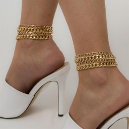 Anklets 4Pcs Set Vintage Boho Cuban Chunky Chain For Women Bijoux Femme Punk Thick Link Ankle Bracelet Girl Beach Accessories283g