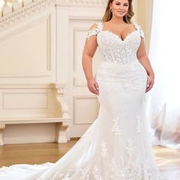 Luxury Mermaid Plus Size Wedding Dresses 2024 With Cap Sleeves Elegant Lace Appliques Church Country Bridal Gowns African Bride