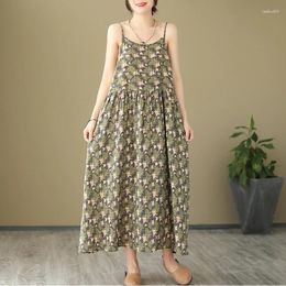 Casual Dresses Summer Fashion Women's Floral Print Vintage Sleeveless A-line Suspender Dress Female Loose Ankle Length Streetwear Frocks