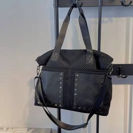 Bag Women's Leisure Large Bag Mesh with Leather Shoulder Bag Fashion Rivet Pocket Large Capacity Handbag Crossbody Bag