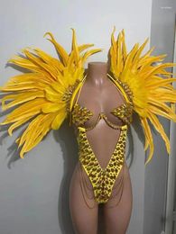 Stage Wear Feather Jumpsuit Thong Bar Nightclub Performance Clothing Sexy Bikini Hawaiian Night Show Dance Outfit