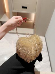 Evening Bags Rhinestone Clutch Heart Shape Luxury Tassel Purse Bag Diamond Wedding Party Handbag Sliver Gold Sling Shoulder 2023