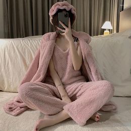 Women's Sleepwear 3 Piece Set Autumn Winter Thicken Warm Pyjamas Flannel Women SleepSet Deep Robe Plush Sexy Homewear Pyjama Trousers