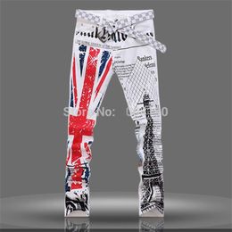 Whole-Mens UK British Flag Jeans Pants Coloured Drawing Tower Printed Fashion SKinny White Jeans Casual Stretch Jeans Trousers 293j