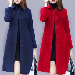 Women's Wool Blends S-4XL Autumn Women Coat Mid-Length Single-Breasted Solid Color Turn-down Collar Elegant Soft Plus Size Warm Winter Jacket 231024
