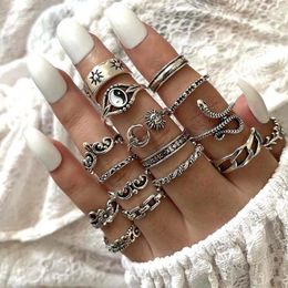 Cluster Rings 16 Pcs/Set European American Cross Border Yin Yang Gossip Sun Moon Snake Leaf Flower Joint Ring Set Gift