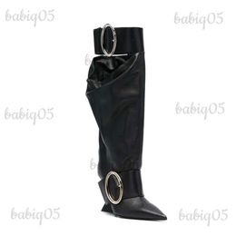 Boots 2023European and American New Women's Belt Buckle Knee Length Women's Boots Fashion Pointed Shaped High Heel Large Size Boots T231025