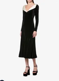 Casual Dresses 2023 Autumn/Winter Velvet Deep V Contrast Elegant Polo Waist A-line Maxi Dress Woman Long Skirt