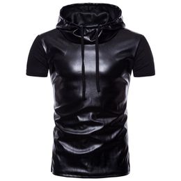 Mens Leather Panelled Hooded Casual T-shirts High Street Short Sleeve Hoodies Male Hip Hop Crew Neck T-shirts272r