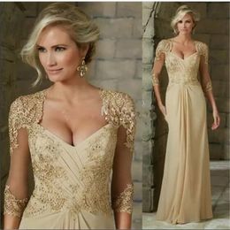 Elegant Champagne Chiffon Mother of the Bride Dresses Lace Appliques Formal Evening Gowns Custom Made Guest Prom Dress