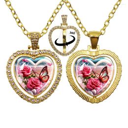 Pendant Necklaces GALAXY Beauty Butterfly Art Paintings Double Sided Necklace Rhinestone Heart Shaped 360 Degree Rotating Jewelry