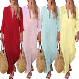 Basic Casual Dresses Linen Fashion Womens Boho Long Maxi Dress Lady Party Evening Summer Beach Sundress Women v Neck